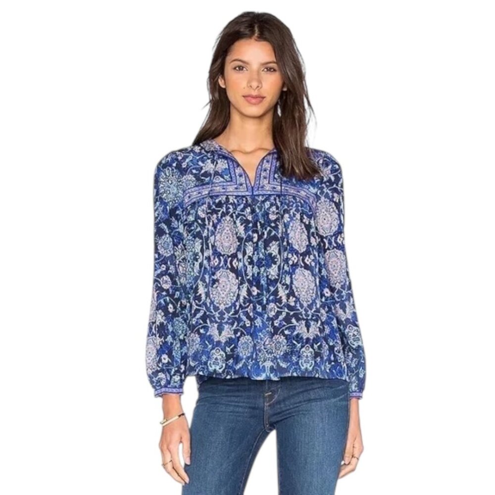 Rebecca Taylor Dreamweaver Silk Floral Blouse Blue Boho Peasant Top Size 6